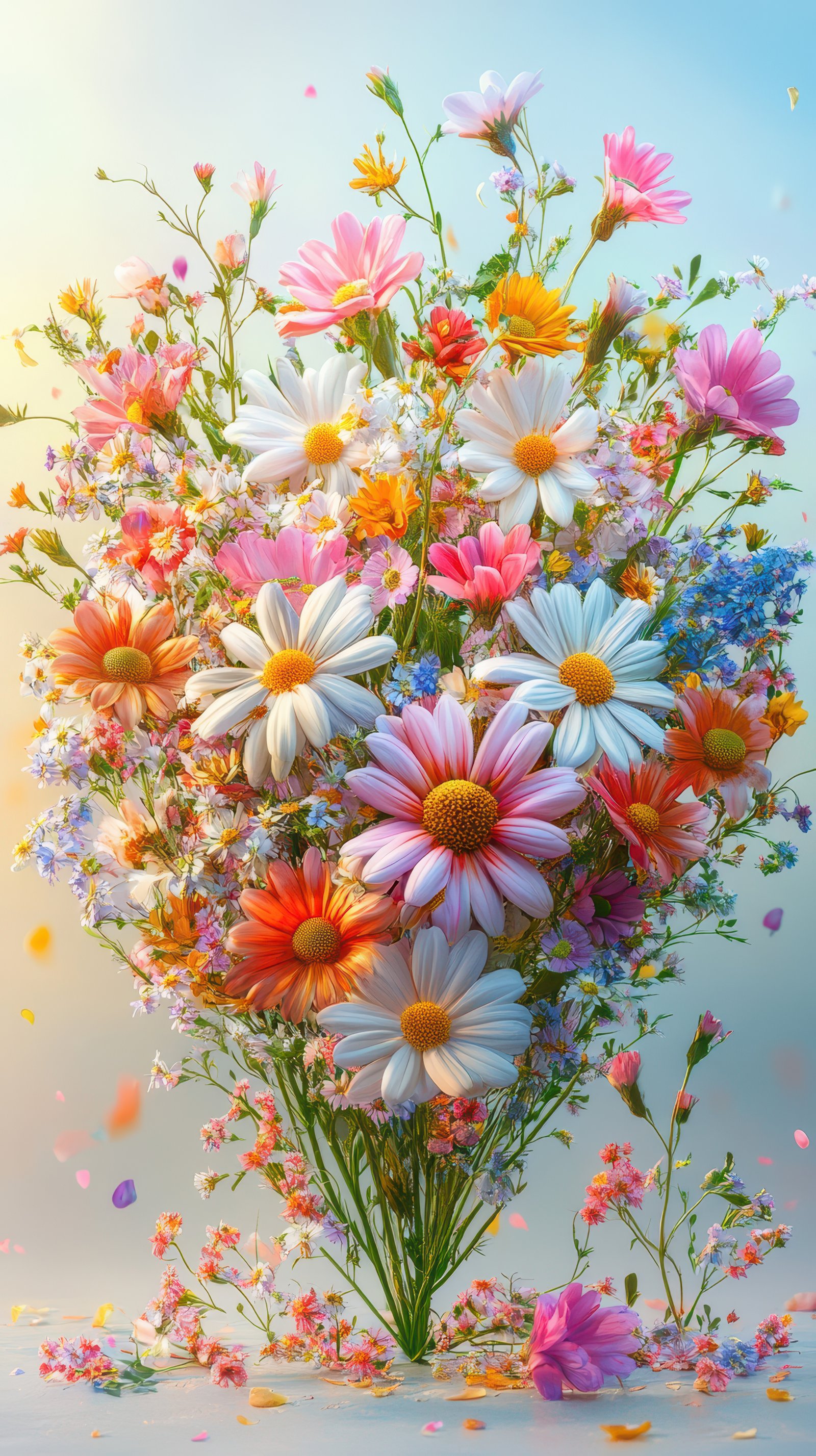 Colorful bouquet of wildflowers arranged in a vibrant display with soft lighting during a sunny day in spring
